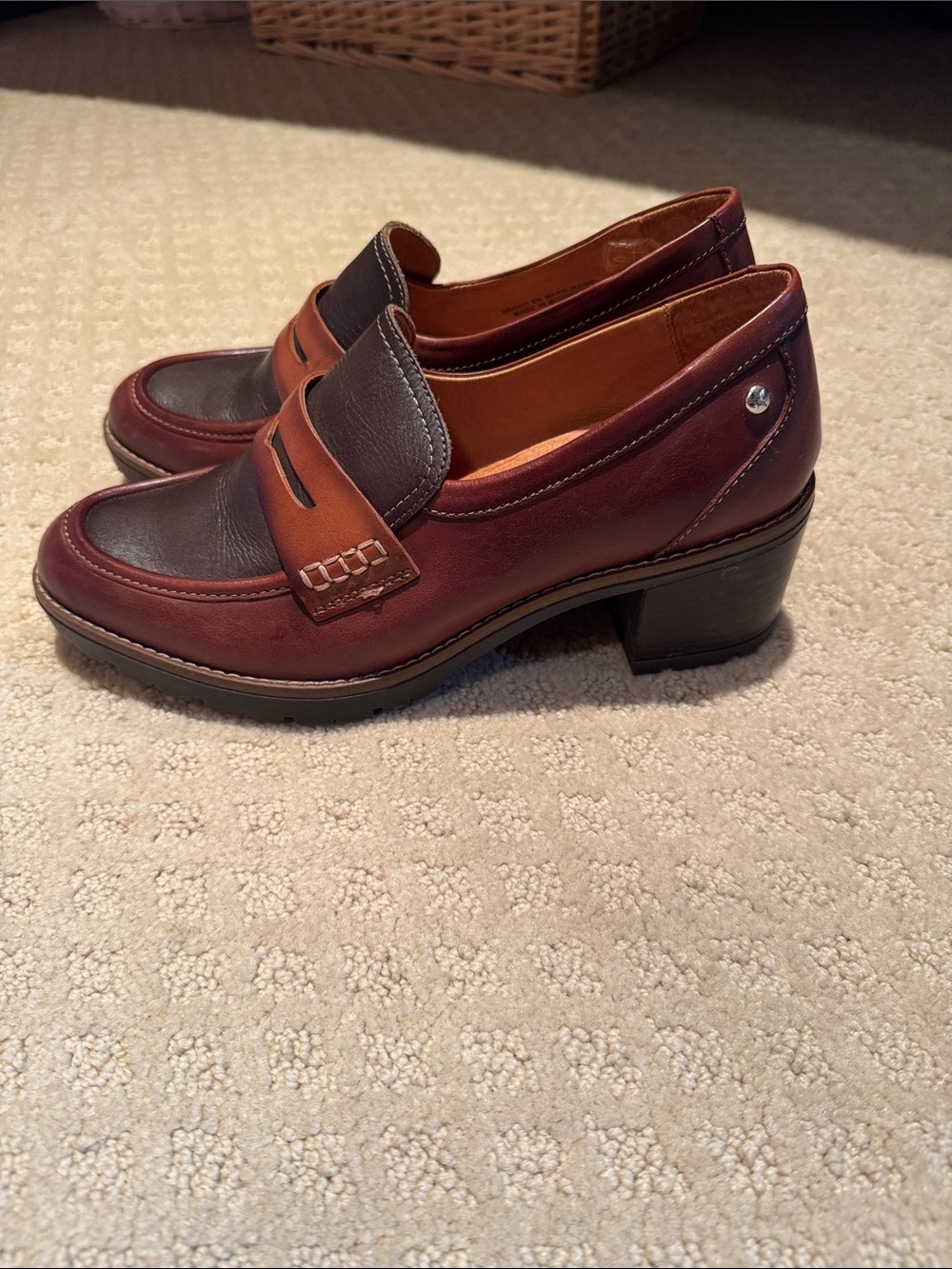 PIKOLINOS Two-Tone Burgundy and Tan Leather Heel Loafers
